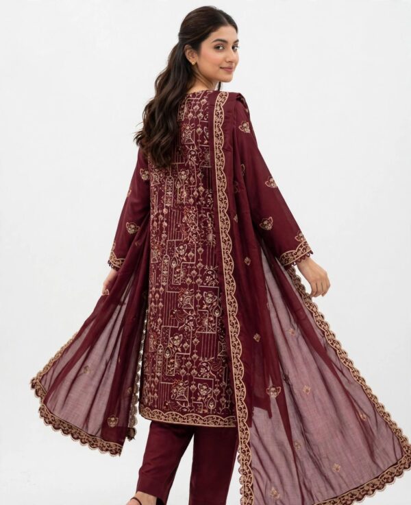 Aadora - Mehroon Elegance Embroidered Khaddar 3-Piece Suit