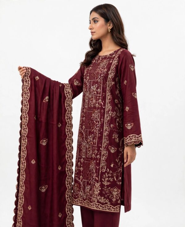 Aadora - Mehroon Elegance Embroidered Khaddar 3-Piece Suit
