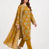 Aadora - Mustard Leaf Print Embroidered Khaddar 3-Piece
