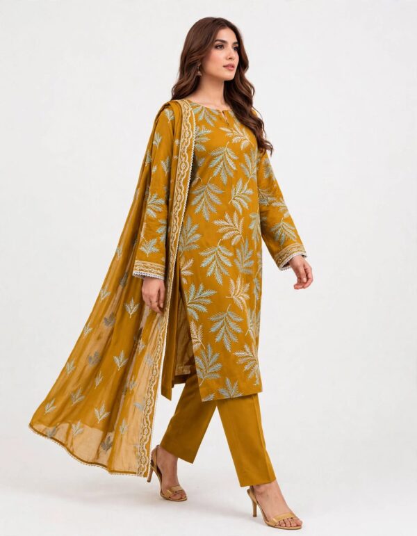 Aadora - Mustard Leaf Print Embroidered Khaddar 3-Piece