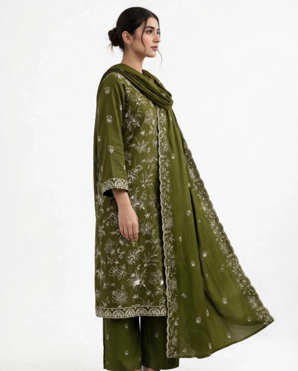 Aadora - Olive Green Embroidered Khaddar 3-Piece Suit