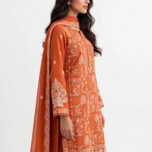 Aadora - Rust Orange Heavy Embroidered Khaddar 3-Piece