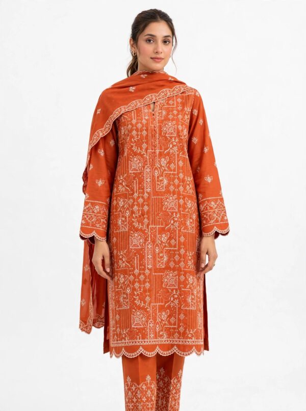 Aadora - Rust Orange Heavy Embroidered Khaddar 3-Piece