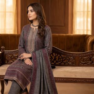 Aadora - Smoke Grey & Plum Embroidered Khaddar 3-Piece Suit