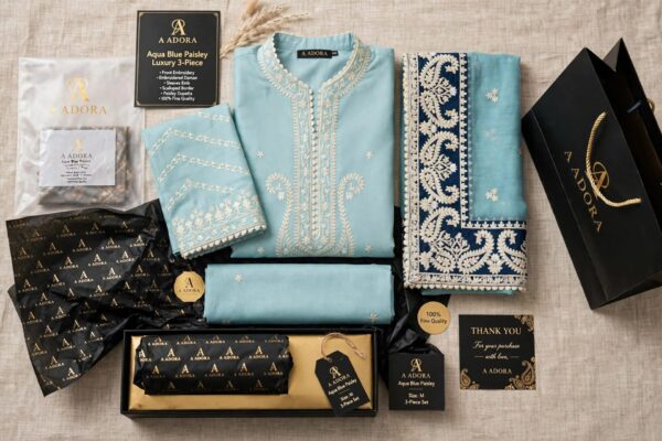 Aadora - Ice Blue Embroidered Khaddar 3-Piece with Heavy Shawl