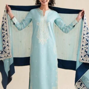 Aadora - Ice Blue Embroidered Khaddar 3-Piece with Heavy Shawl