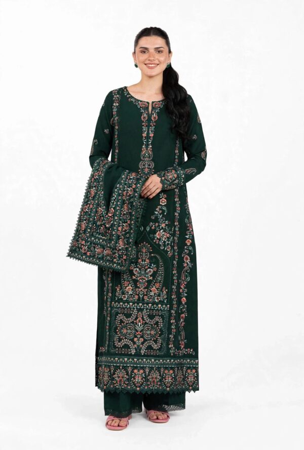 Aadora - Dark Bottle Green Heavy Embroidered Karandi 3-Piece