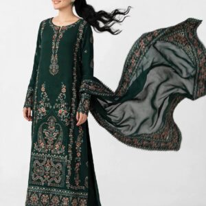 Aadora - Dark Bottle Green Heavy Embroidered Karandi 3-Piece