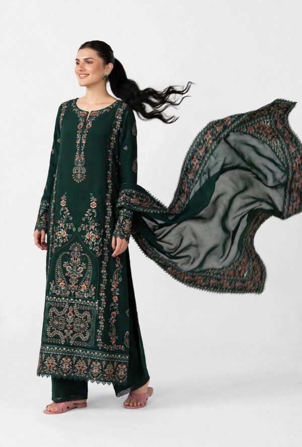 Aadora - Dark Bottle Green Heavy Embroidered Karandi 3-Piece