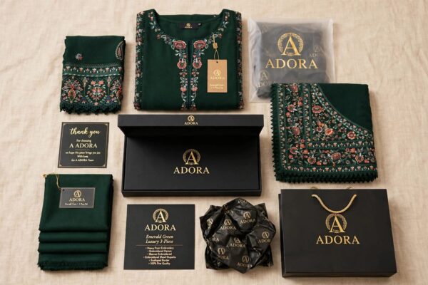 Aadora - Dark Bottle Green Heavy Embroidered Karandi 3-Piece