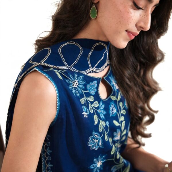 Aadora - Dark Blue Sleeveless Embroidered Khaddar 3-Piece