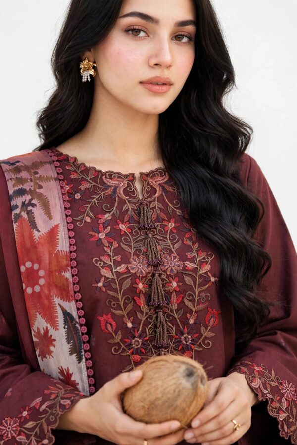 Aadora - Maroon Embroidered Khaddar 3-Piece with Printed Trouser