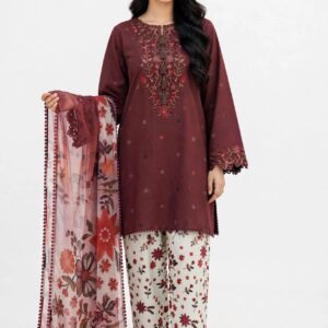 Aadora - Maroon Embroidered Khaddar 3-Piece with Printed Trouser