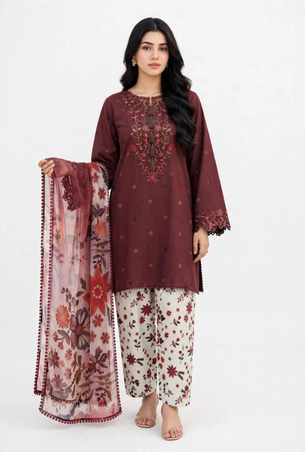 Aadora - Maroon Embroidered Khaddar 3-Piece with Printed Trouser