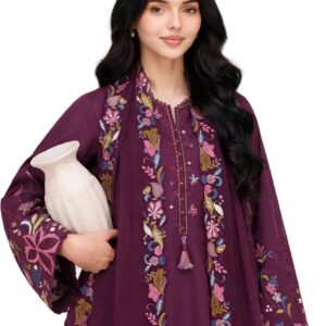 Aadora - Burgundy Floral Embroidered Khaddar 3-Piece