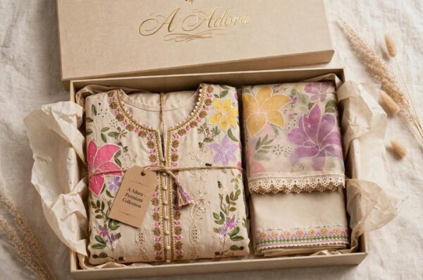 Aadora - Beige Floral Printed Karandi 3-Piece Suit