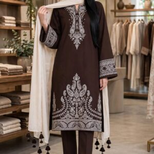 Aadora - Dark Brown Elegance Embroidered Karandi 3-Piece Suit