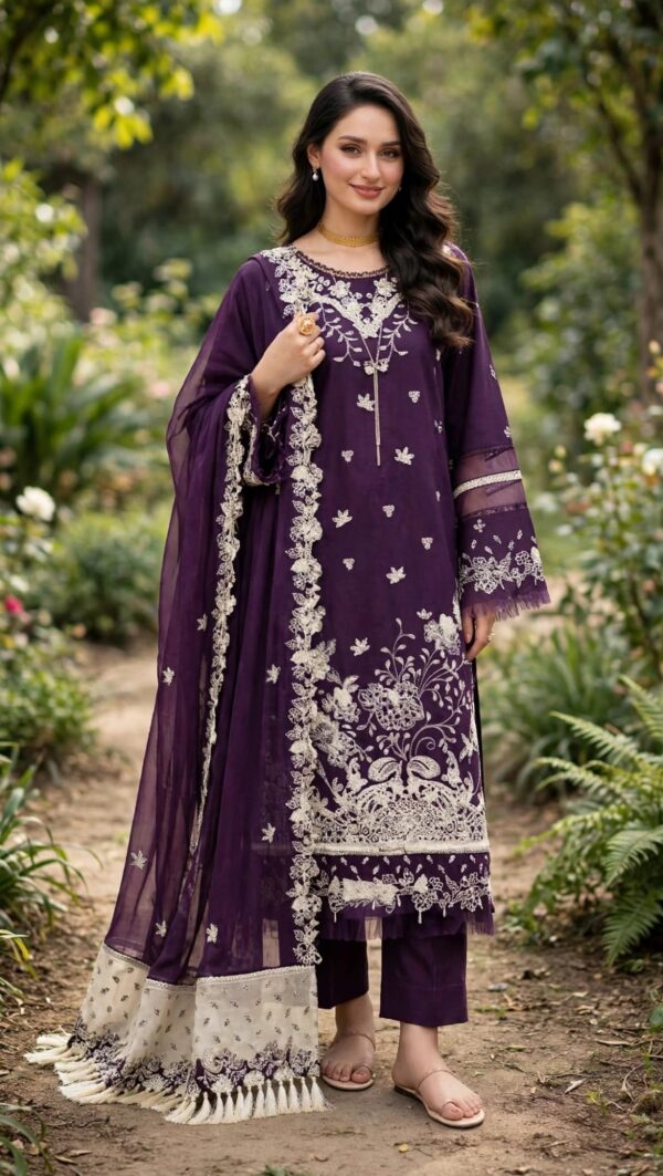 Plum Purple Luxury Embroidered Chiffon 3-Piece Suit - Aadora 101