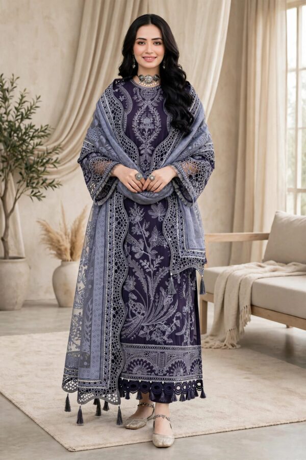 Aadora - Ice Blue / Navy Blue Heavy Embroidered Karandi 3-Piece