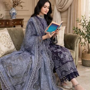Aadora - Ice Blue / Navy Blue Heavy Embroidered Karandi 3-Piece