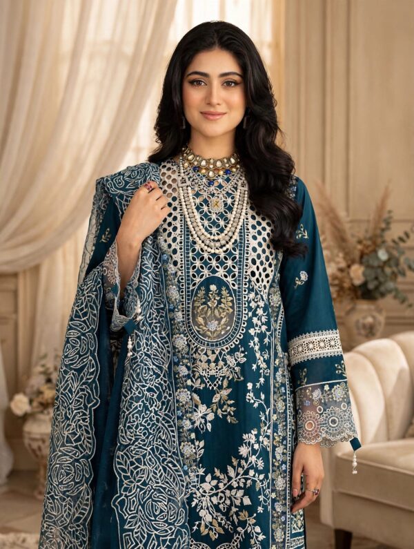 Aadora - Teal Blue Luxury Embroidered Chiffon 3-Piece Suit