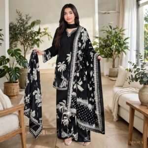 Aadora - Black Palm Luxury Embroidered Karandi 3-Piece Suit
