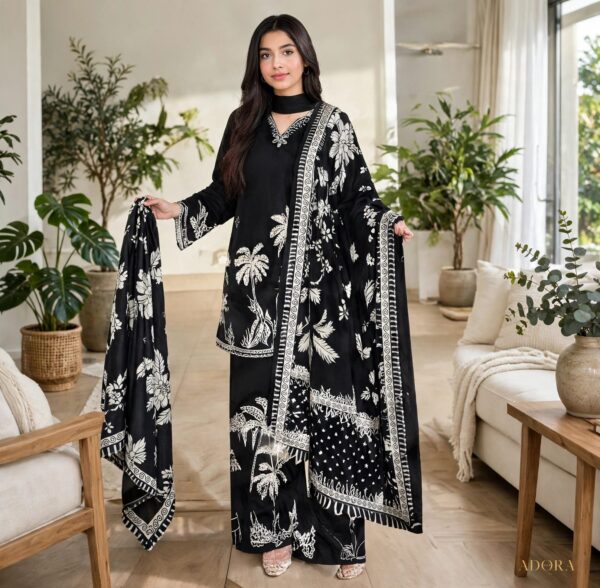 Aadora - Black Palm Luxury Embroidered Karandi 3-Piece Suit