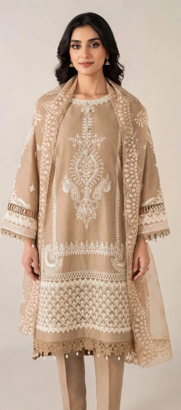 Aadora - Beige Skin Embroidered Lawn 3 Piece Suit - White Embroidery - Festive Collection - With Box
