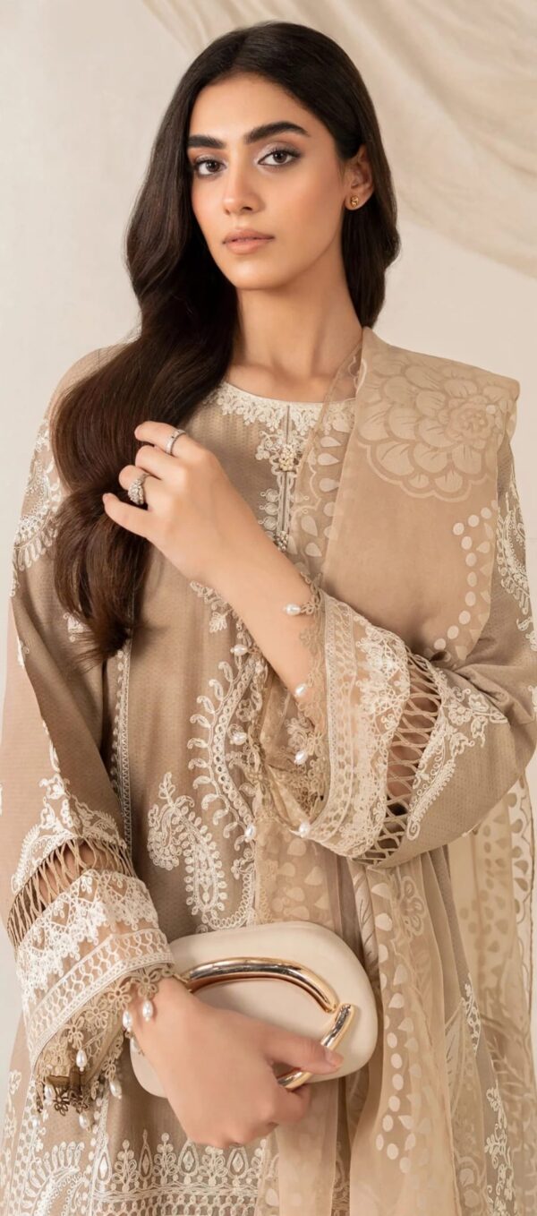 Aadora - Beige Skin Embroidered Lawn 3 Piece Suit - White Embroidery - Festive Collection - With Box
