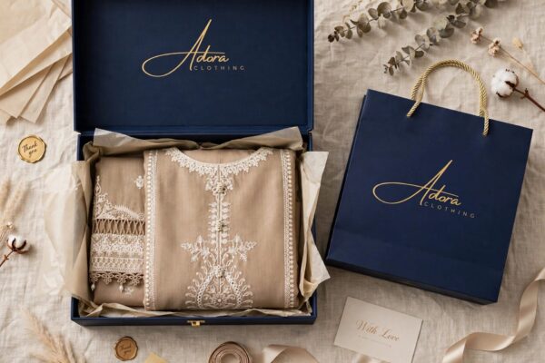 Aadora - Beige Skin Embroidered Lawn 3 Piece Suit - White Embroidery - Festive Collection - With Box