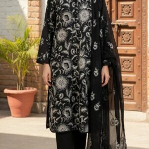 Aadora - Black Chikankari Embroidered Lawn 3 Piece Suit - White Embroidery - Festive Collection - With Box