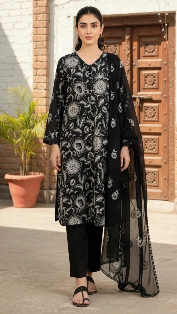 Aadora - Black Chikankari Embroidered Lawn 3 Piece Suit - White Embroidery - Festive Collection - With Box