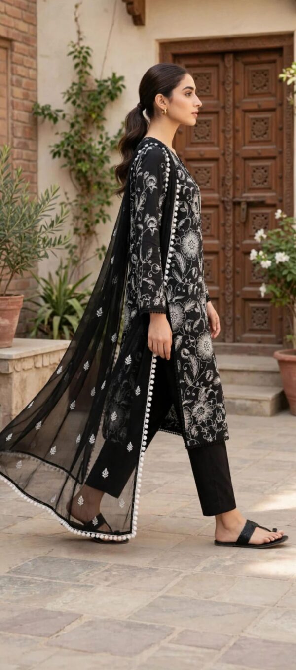 Aadora - Black Chikankari Embroidered Lawn 3 Piece Suit - White Embroidery - Festive Collection - With Box
